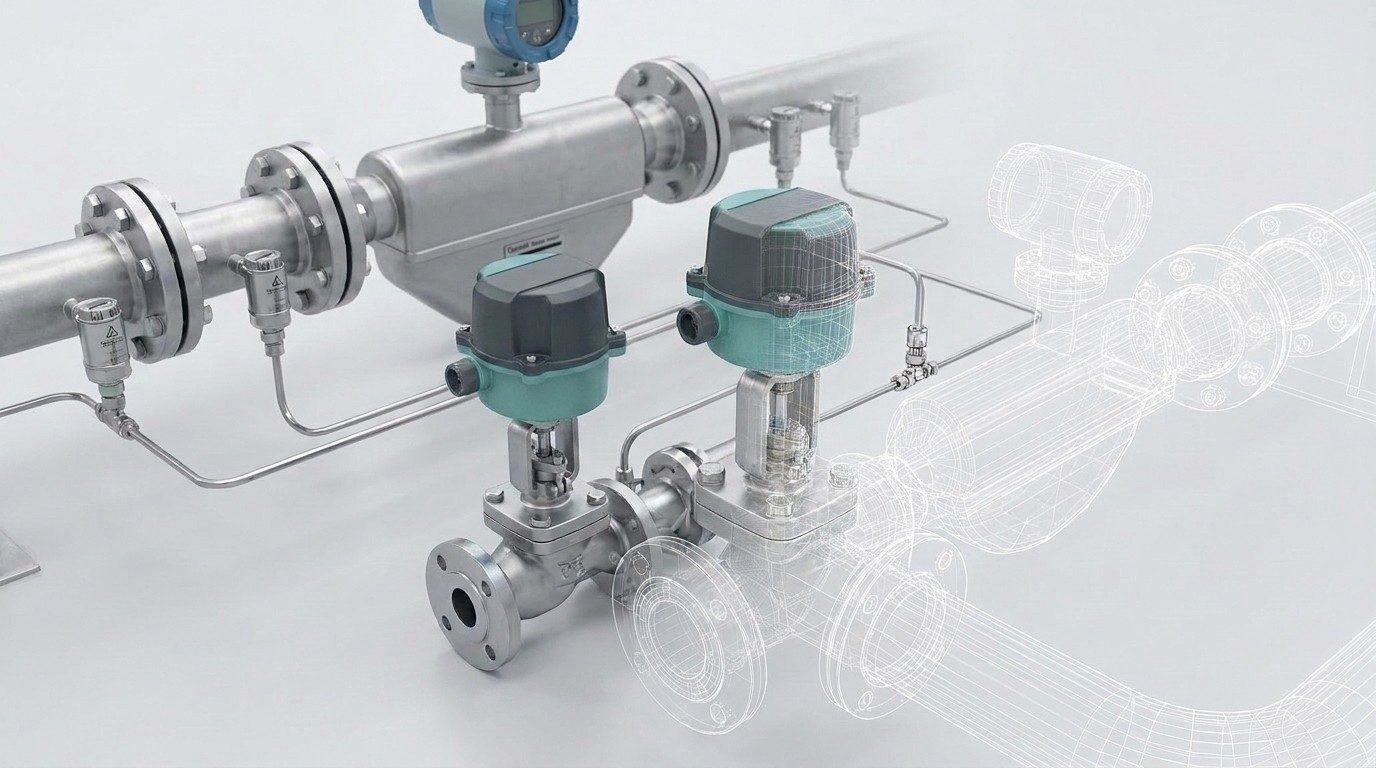 Detail: Regelarmaturen mit Stellantrieben, Coriolis-Durchflussmesser und Impulsleitungen