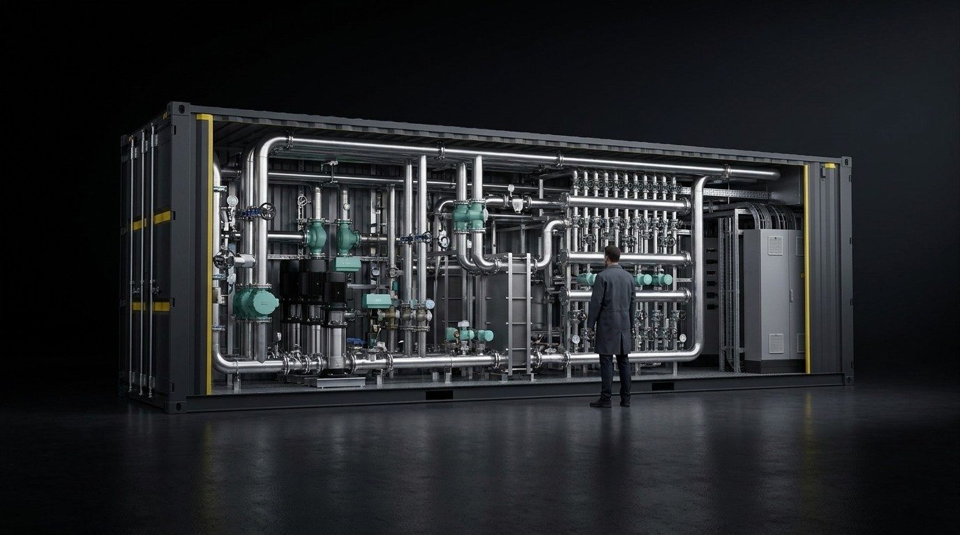 Großanlage im Container: dicht verrohrte Megawatt-Anlage mit Pumpengruppen, Wärmetauscher-Batterien und Schaltschrankreihe